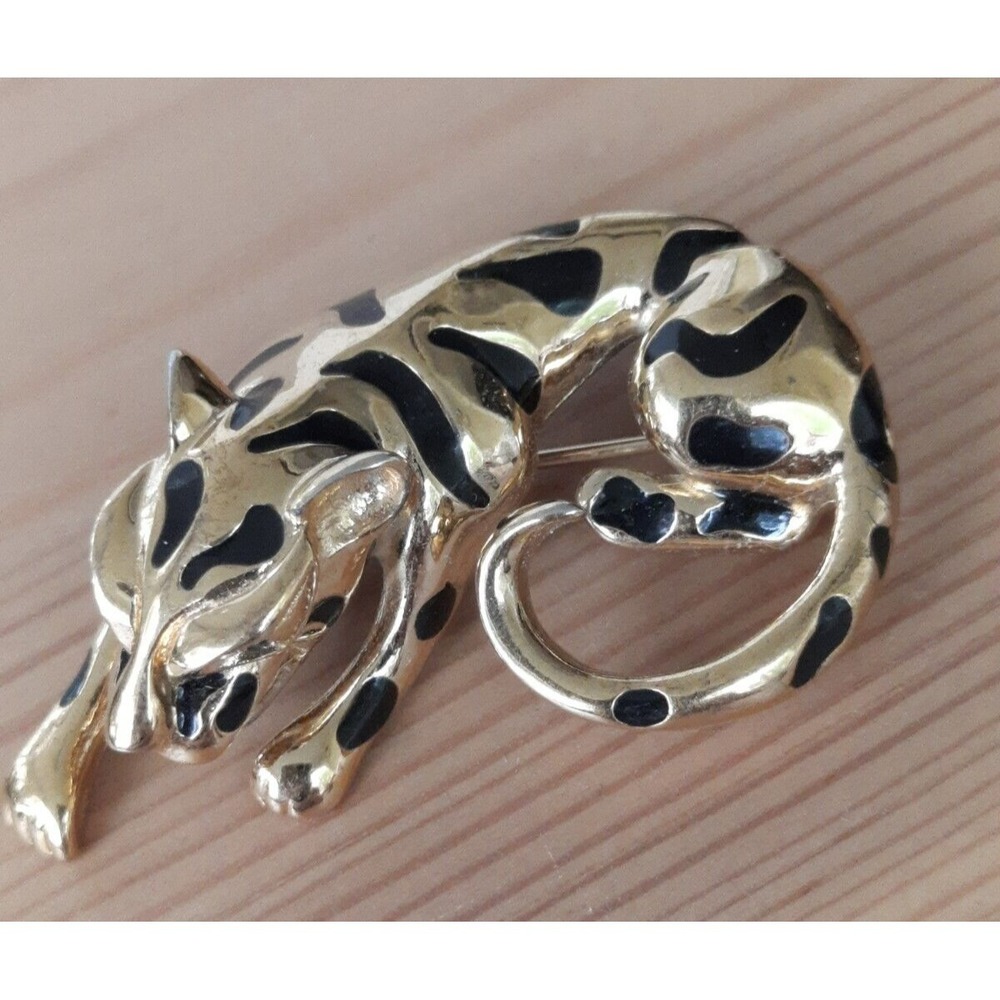 Vintage D'Orlan Leopard Cat Enamel Gold Tone Brooch Signed Animal Pin